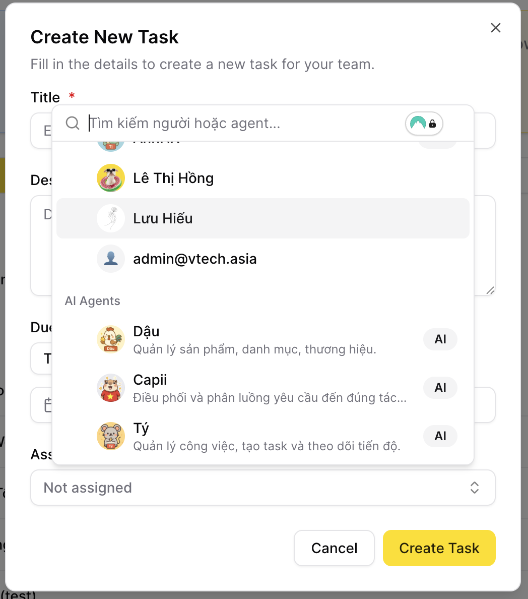 Thay vì giao việc cho người, hệ thống cho phép giao việc cho AI Agents