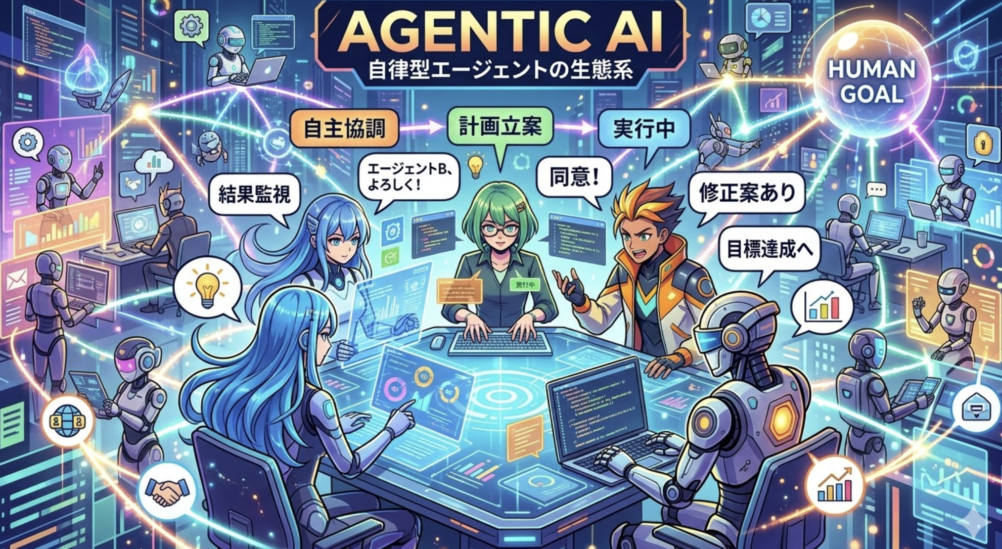Minh hoạ Agentic AI: nhiều nhân vật đại diện AI agent phối hợp quanh bàn hướng tới mục tiêu con người